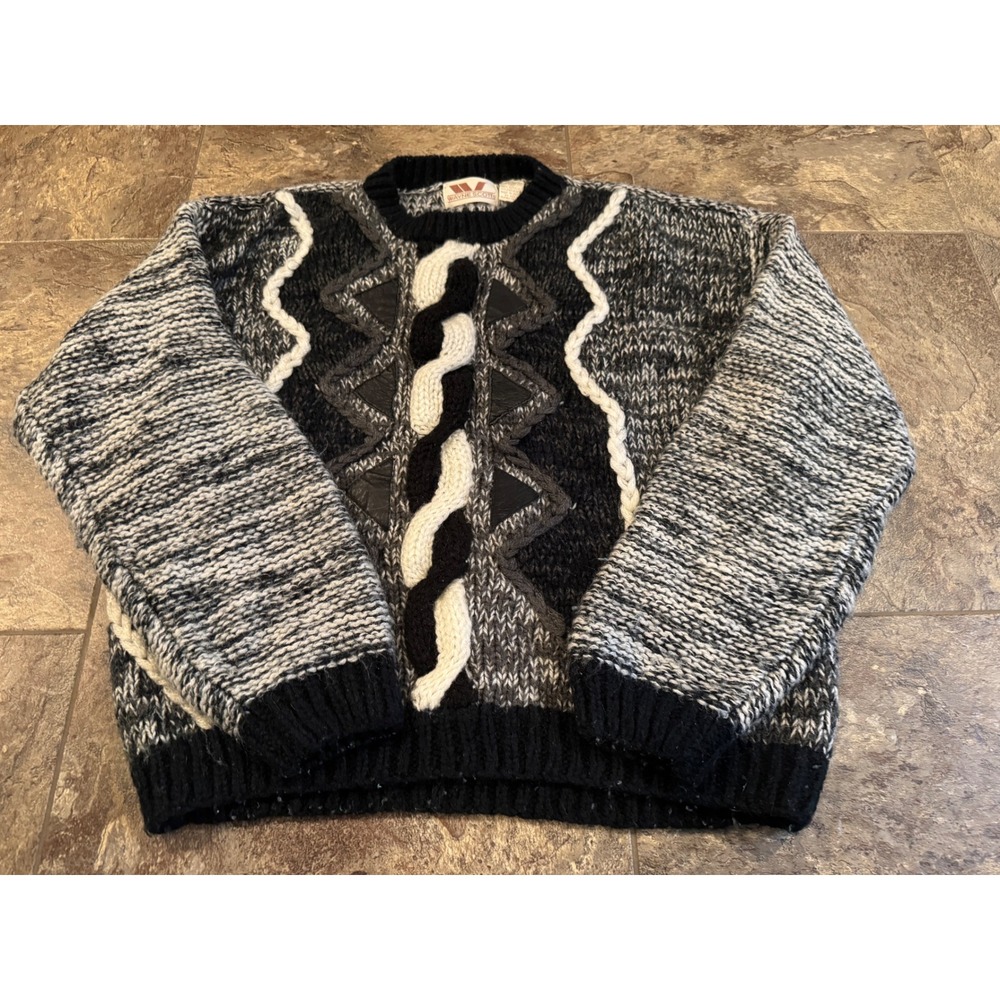 Vintage‎ Wayne Scott Sweater Size S Black Cable Knit Leather Accent 100% Acrylic